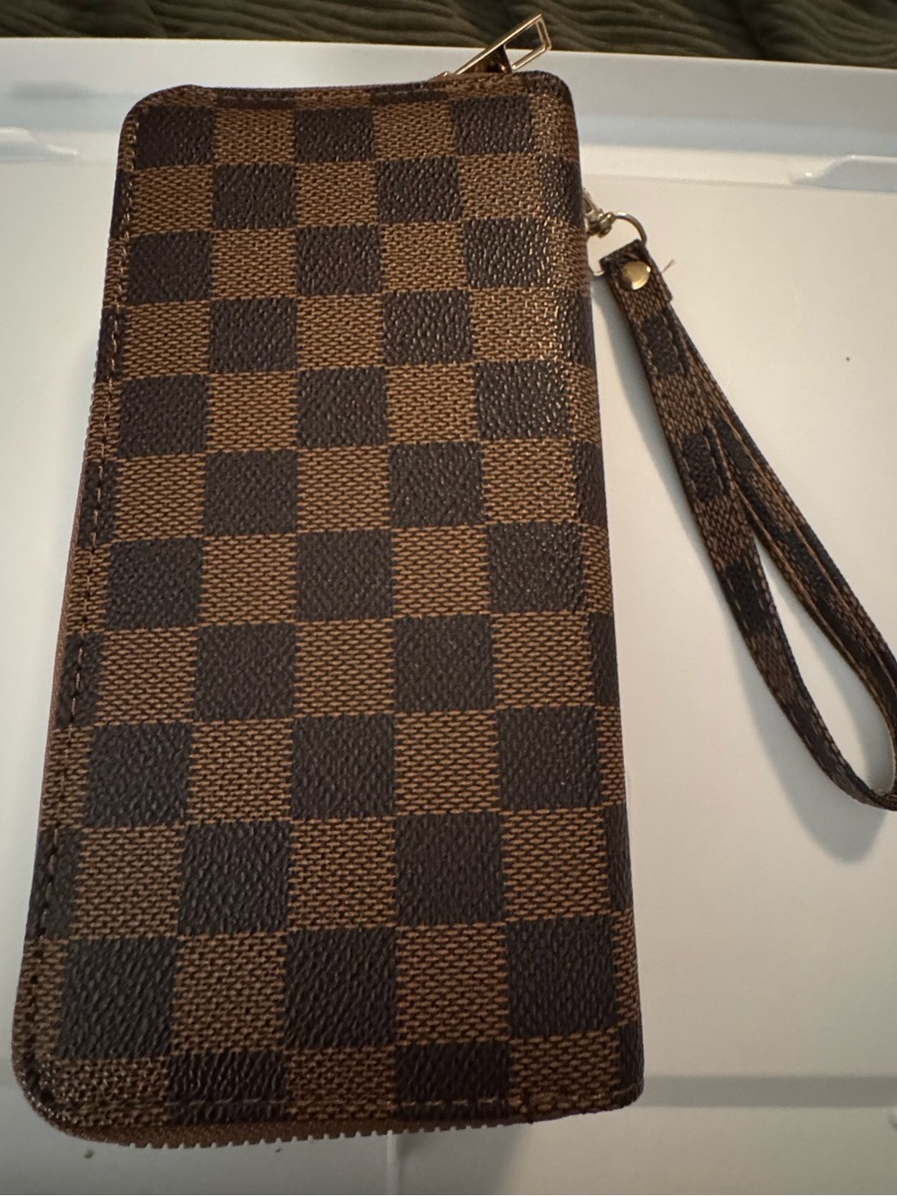 Brown Checkered Wristlet Wallet- Double zip